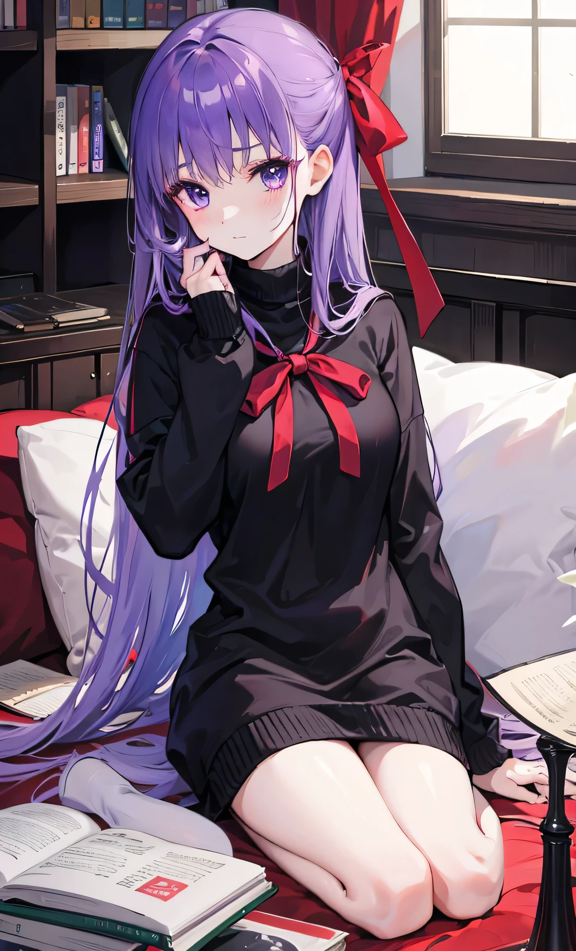  adult woman、Tie a red ribbon、university student、Books、There is delicate makeup， Shining Face，Exquisite，wonderful，Deep purple eyes， sweet、 black sweater、Purple Hair