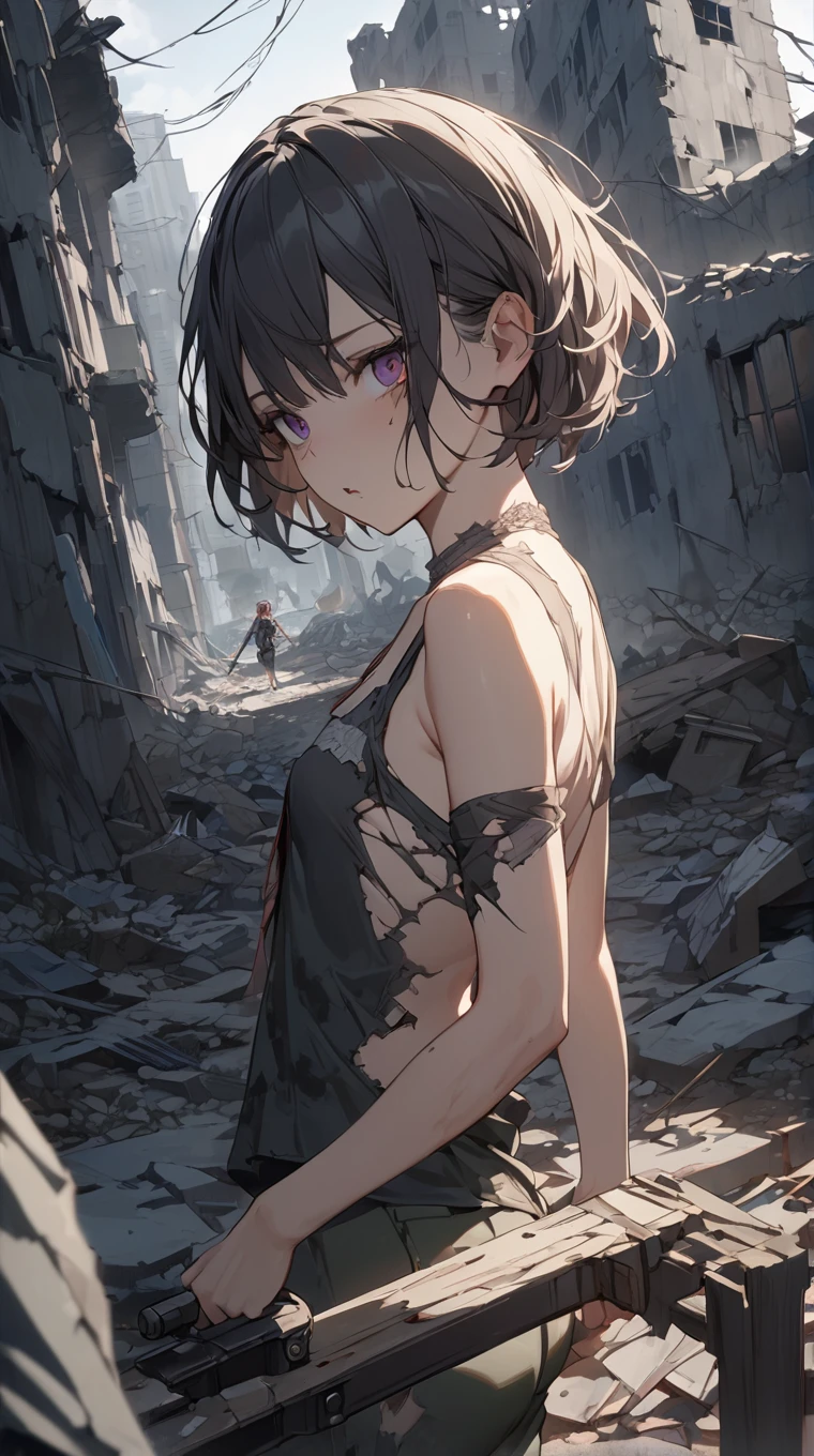 pitch black room,messy hair,lifeless eyes,black eyes,black hair,solo,nude,messy room,half open mouth,looks sleepy,looks lazy,half open eyes,cave,rubble,hunched back,close-up