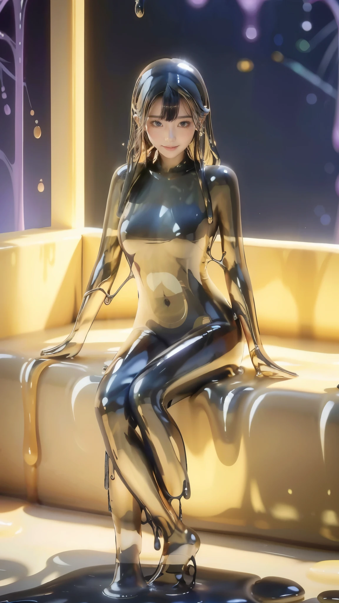 woman in shiny black latex catsuit, Japanese women, melted slime suit, slime suit tight to skin, wearing melted slime tights, skin-soluble jelly, (((Light Theme, Exposure theme , Sexy Theme))), full body covered in black slime suit, slime suit tight to skin, slime suit is made of latex, no boundary between slime and skin, cover hands with latex, Alone, Reflected Light, shiny latex , latex is highly reflective, Realistic, 8k, very detailed, Cinema Lighting, DRAMATIC POSE , Inside the building at night , intricate detail, Perfect Skin, Beautiful Face, embarrassed expression without shorts, Delicate features, Graceful Movement, Dynamic Composition , creepy atmosphere , The dark and intense , A little blush, Attractive Smile ,Reality,