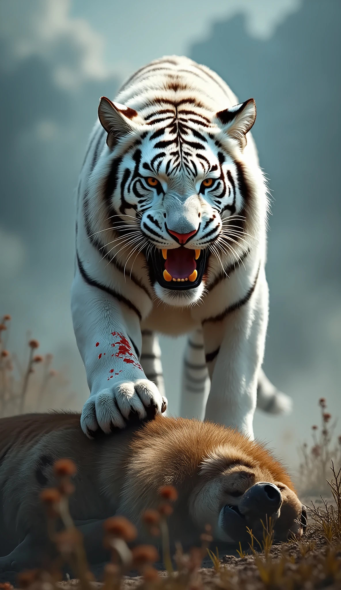 White tiger aggressive killed white greay dane panther after tiger dead around blood 