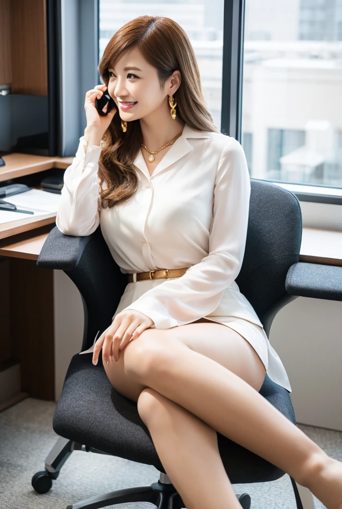 Very beautiful Japanese woman sitting on a chair in the office and making a phone call, Age 25,  business suit , Beautiful clothes（   white silk blouse with 2 buttons off , Brown Hair, long wave earrings ,  Gold Necklace ,  large soft chest  , red tight skirt black stockings black high heels）  office reality portrait 4k 8k , smile, beautiful, Full body images, Full body images, beautiful legs, beautiful Full body images, beautiful leg line beauty  白石麻衣、You can see all the way to your toes 