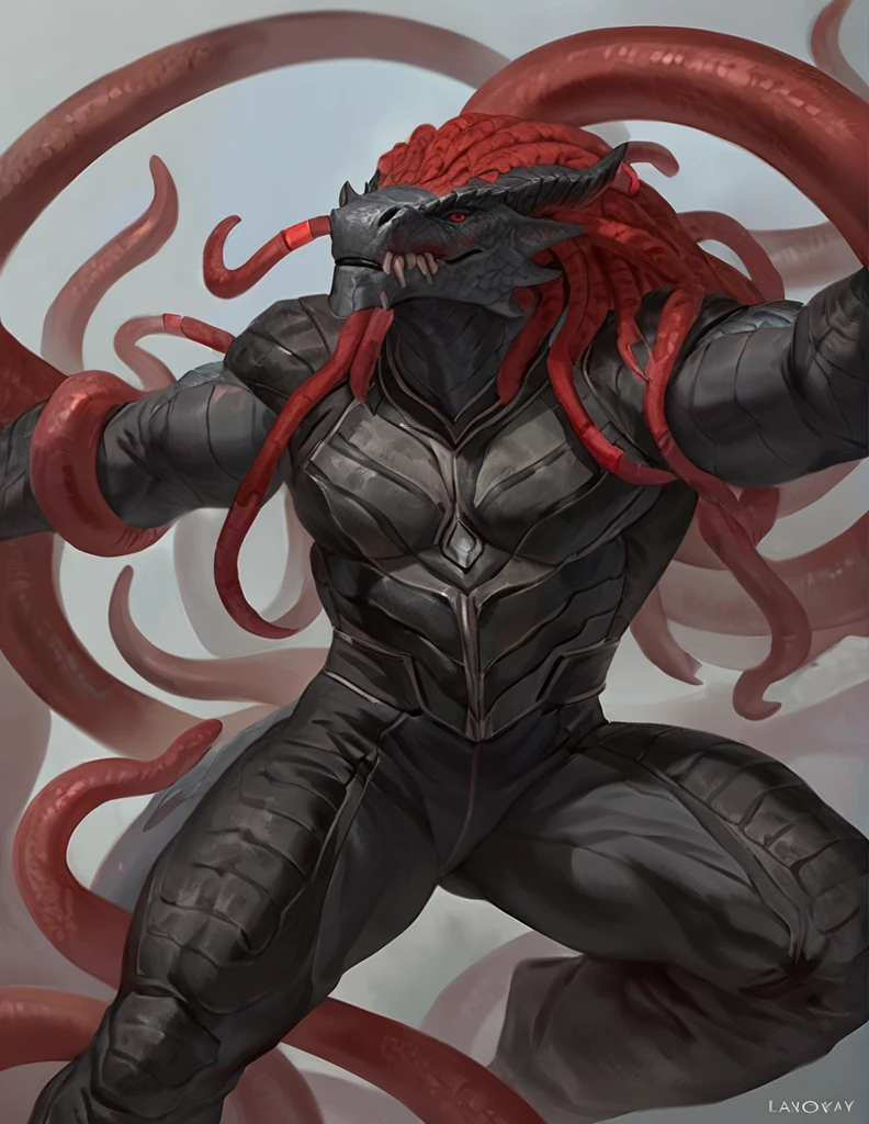 a ferocious male dragonborn, solo, muscular detailed body, athletic, standing with crossed arms, full body, black color body, scalie tentacles, red eyes, pants, armless bodysuit, comicbook style, best quality, 4k, ultra-detailed, by laobai, by taran fiddler, by honovy