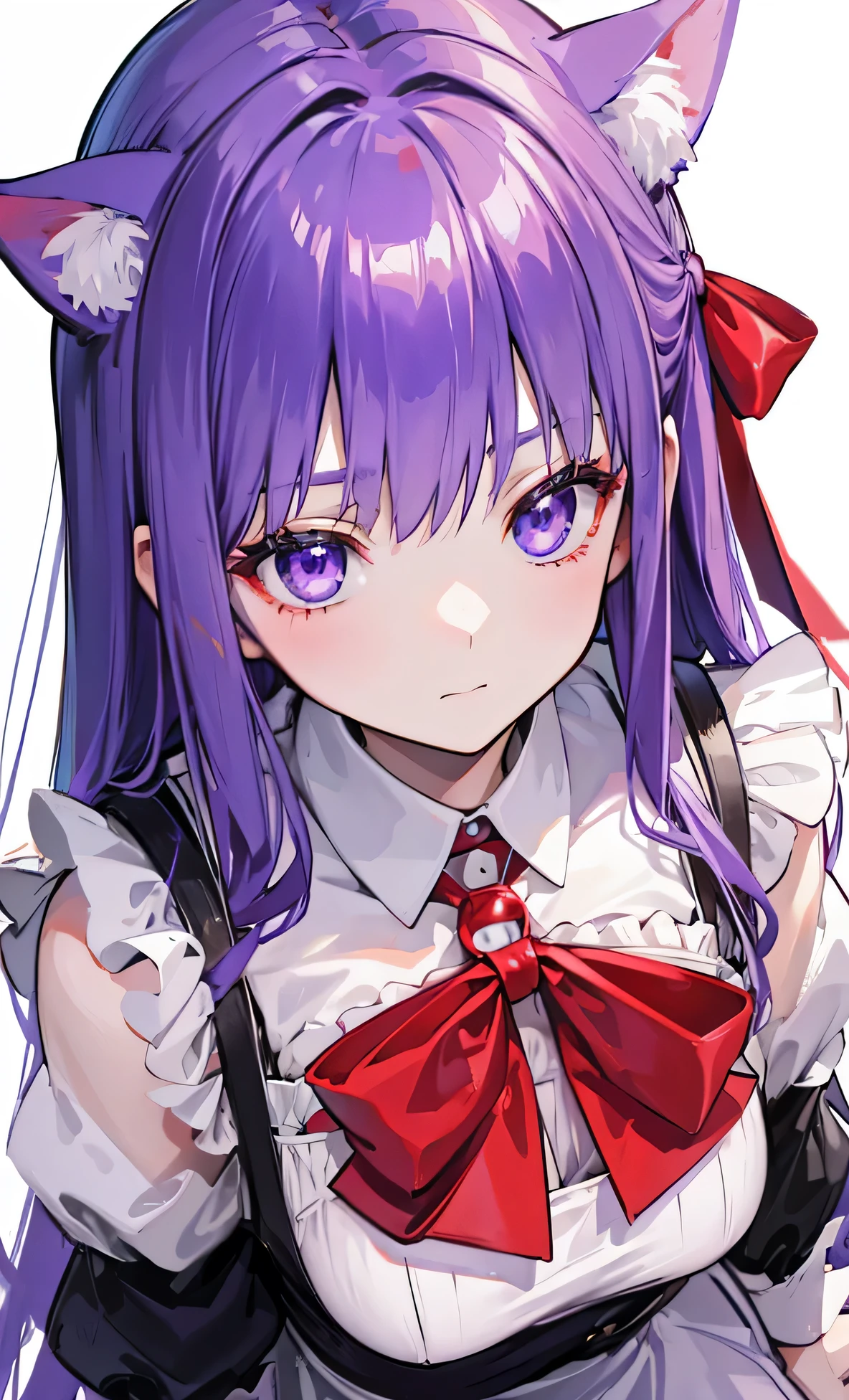  adult woman、Tie a red ribbon、university student、There is delicate makeup， Shining Face，Exquisite，wonderful，Deep purple eyes， sweet、Cute maid outfit、Purple Hair、Cat ears