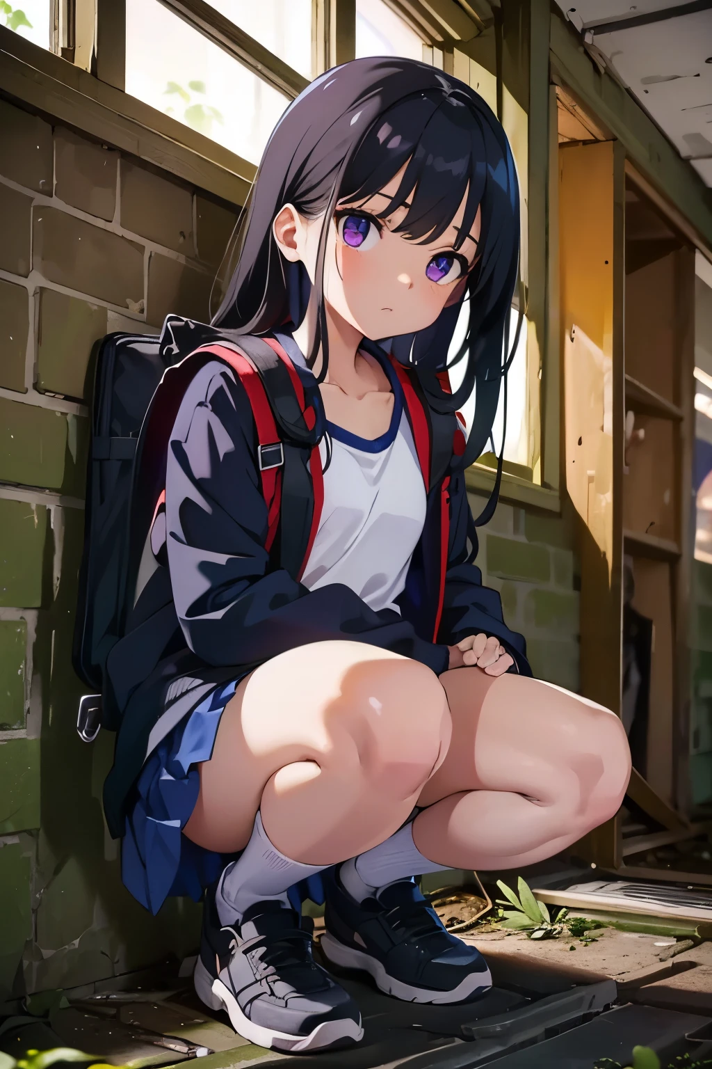 Elementary school student, , toddler, flat chest 　Thin limbs　Black hair, long hair, purple eyes　（（One person）） Upper body stadium jacket　Carry a backpack　Navy blue denim mini skirt　white s panties 　White socks　sneakers　ruins　 squatting　 Lower body center 　Close-up of white panties　 dynamic angle　Low angle