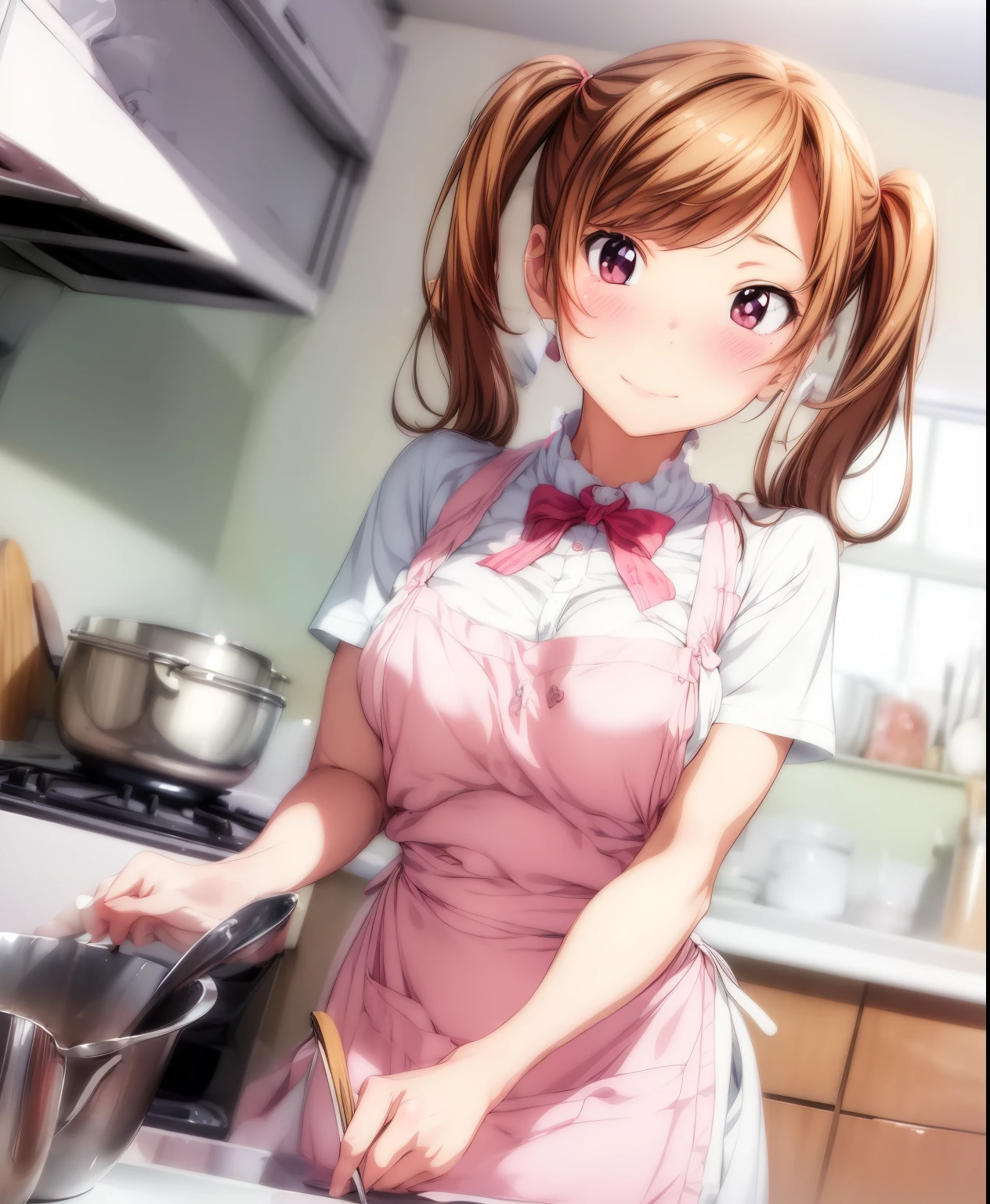 (masterpiece、Best Quality、Best Quality、Official Art、Beautiful and beautiful:1.2)、(One person:1.3),,kitchen、Cooking、 twin tails,Beautiful breasts,Cute Apron、Adorable young girl , Delicate animated illustration , viewers, Soft and smooth lighting, soft pastel colors, 120mm lens