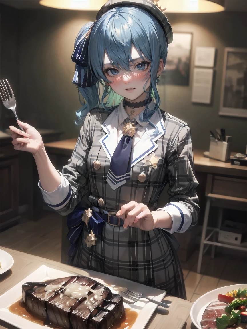 （steak on a plate） ,（cum on steak） ,（Bukkake on steak）,flat chest,8k,highest quality,masterpiece, highest quality, High resolution, side ponytail, hoshimachi suisei,flat tits,flat breasts,（flat chest）,slender , skinny , (((( holding fork with a hand)))) , put one hand on the desk,(((( cum on steak, facial)))), disgust, ((( crying ))), teardrops ,pov ,perfect finger,irritated face, heavy breathing,

