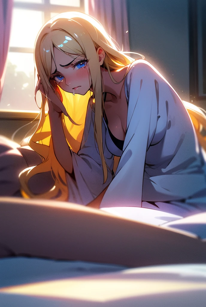 1 girl,  long hair ,  High resolution , breasts, Rice, blue eyes,  Fringe between the eyes, Necessary, HD model, Blonde hair, shiny hair,  Split Fringe, Light blush,  red lips , shy, Vanishing point, silhouette, Scanlines, ANIME STYLE, anime, Illustration, one piece, wavy hair, Alone, messy hair, Textured skin, lying on the bed, covered by blanket , saliva line,  lying on the pillow, moonlight, lua, window, night, tired,  Anatomically correct , night, cute price, Closed mouth, Holding the mouth, wanted, crying, sad, pursed lips, Pain, worried, Disturbed, sobbing, depressed, empty eyes, THOUGHTFUL, afraid, Tremendous, 