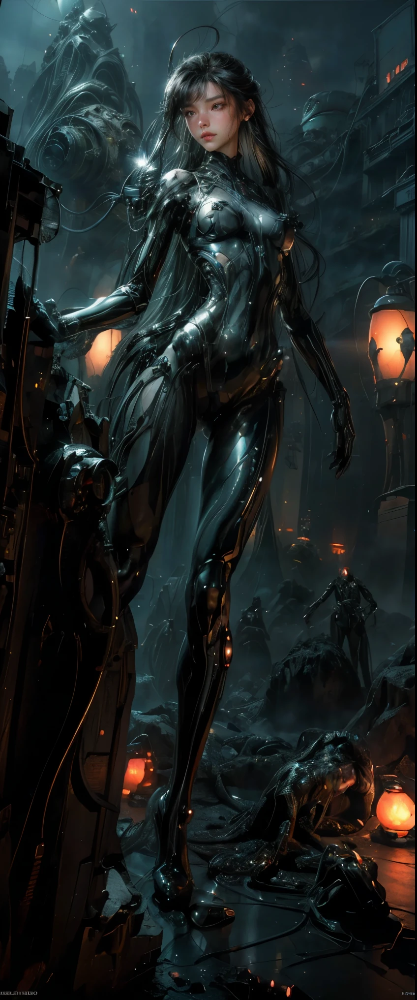 ((masterpiece, highest quality, Highest image quality, High resolution, photorealistic, Raw photo, 8K)), Ultra Wide Angle, Alien Landscap, A female stands next to an Alafedro robot on top of a hill, influenced by Stefan Koidl's background of discarded mechas. The art created by Craig Mullins, specifically in the style of Craig Mullins' Necro, portrays a detailed and futuristic science fiction scene. The emphasis is on SF concept art, It is being attacked by tentacled aliens, The overall lighting captures the essence of concept art in films, flawless