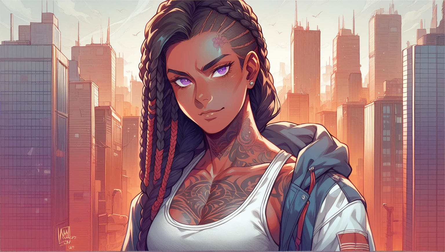 A young woman with red skin, black hair styled in a braided bob, African braid, and purple eyes, wearing streetwear. She has visible street tattoos on her muscular , fitness girl,Kentarō Miura Drawing, city in background 