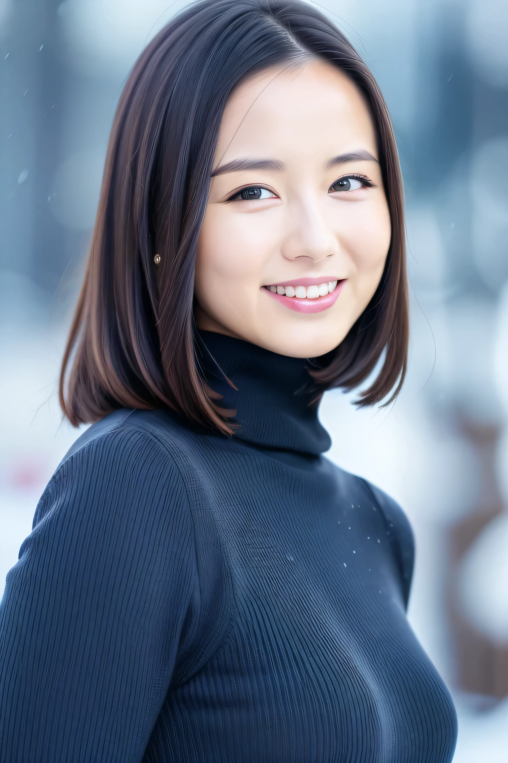 A girl,( wearing a turtleneck sweater ),( Winter jackets ),(RAW photos, The best quality ), (realistic, photo-realistic:1.4), masterpiece , many delicados and hermosos, Very detailed , 2k wallpaper, marvelous, in detail, Very detailed CG unity 8k wallpaper, super detailed, high resolution, soft light, beautiful detailed girl , Very detailed eyes and face, beautifully detailed nose, beautiful and detailed eyes , cinematic lighting ,snow scene, Ski resorts ,snowfield,snow mountain , Perfect Anatomy, thin body,smile 、erotic