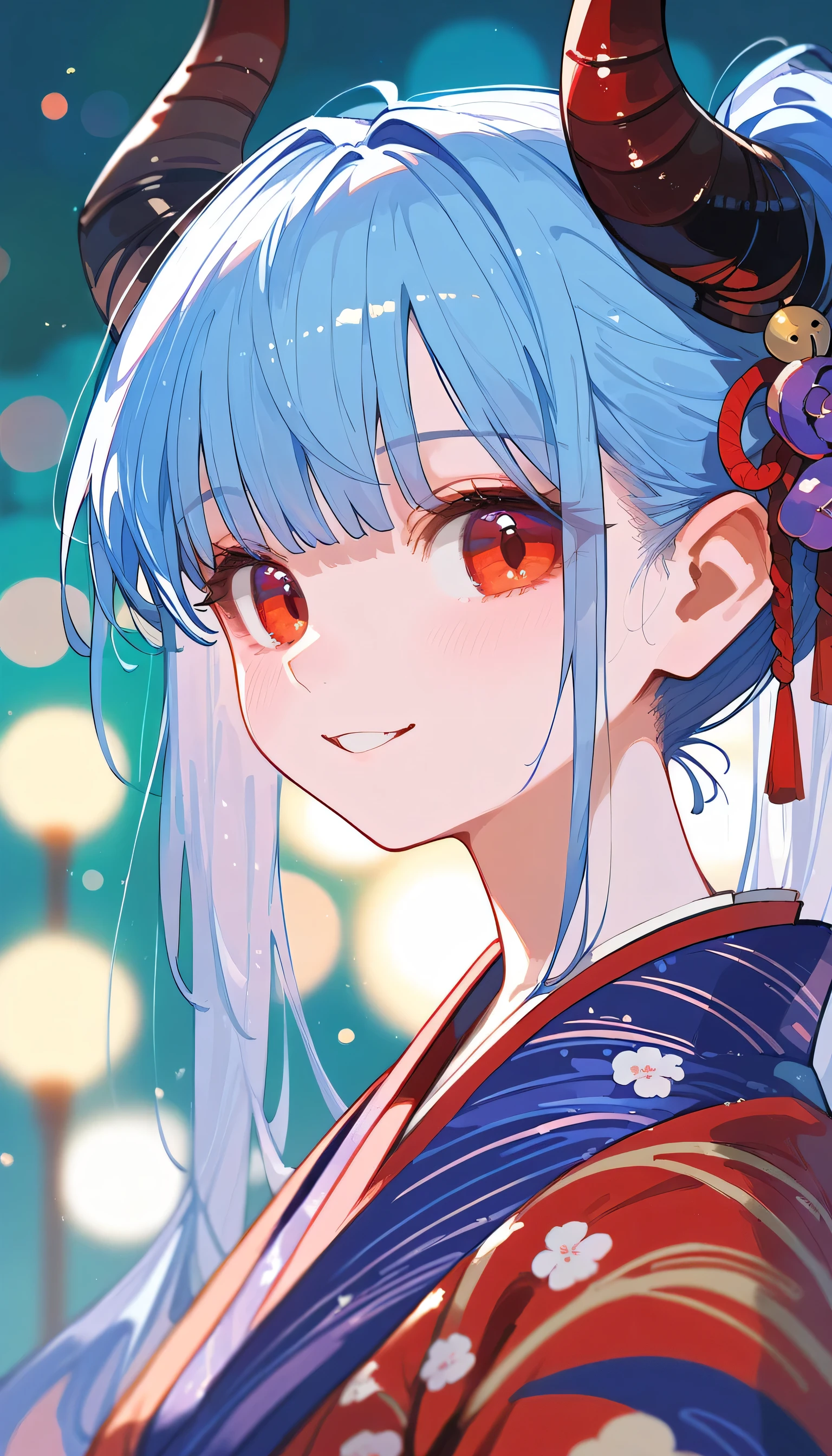 nai3, close up, masterpiece, best quality, bokeh, cute, Score_9,Score_8_up,Score_7_up,highest quality,detailed, Devil horns, kimono, Red eyes, 