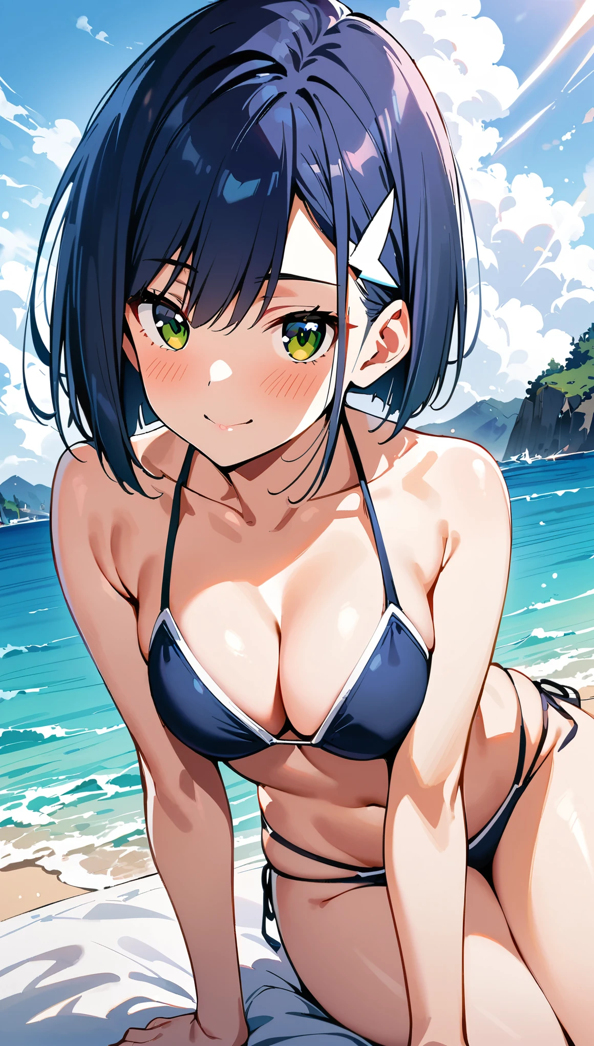 (masterpiece, best quality:1.2), 1girl, ichigo \(darling in the franxx\), darling in the franxx, solo, beautiful body, laying on side, sexy string bikini, beach mature, blue sea, view at viewer, cleavage, blush, light smile, sexy pose, high quality, detailed, masterpiece 