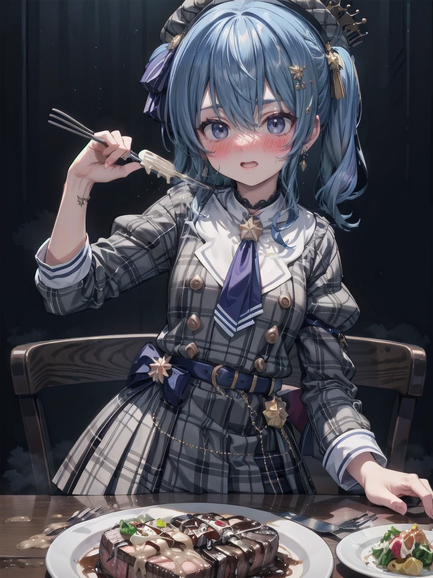 （steak on a plate） ,（cum on steak） ,（Bukkake on steak）,flat chest,8k,highest quality,masterpiece, highest quality, High resolution, side ponytail, hoshimachi suisei,flat tits,flat breasts,（flat chest）,slender , skinny , (((( holding fork with a hand)))) , put one hand on the desk,(((( cum on steak, facial)))), disgust, ((( crying ))), teardrops ,pov ,perfect finger,irritated face, heavy breathing,(cum onbody),

