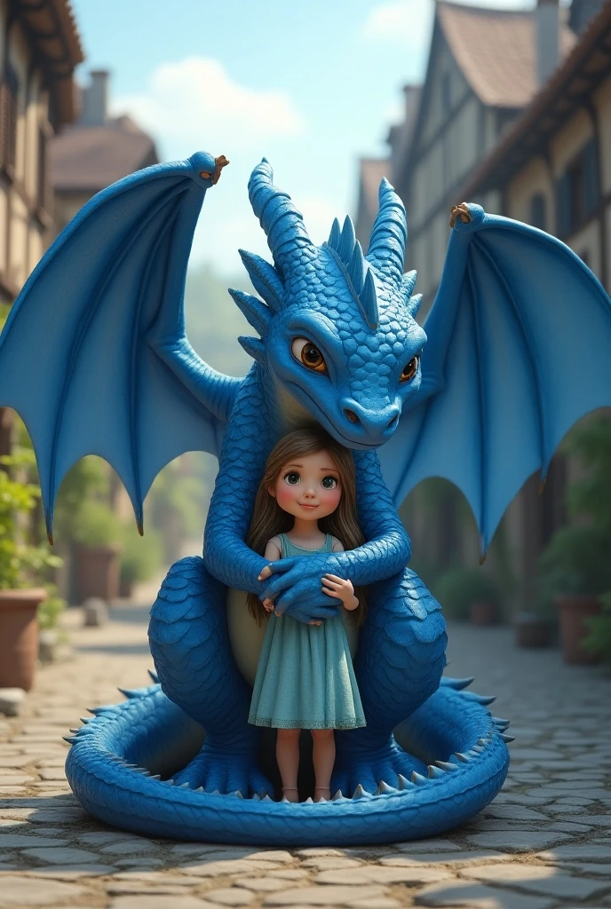 A young girl with brown hair in a blue dress, smiling and posing closely with a cute baby dragon, in a fantasy landscape with castles and mountains