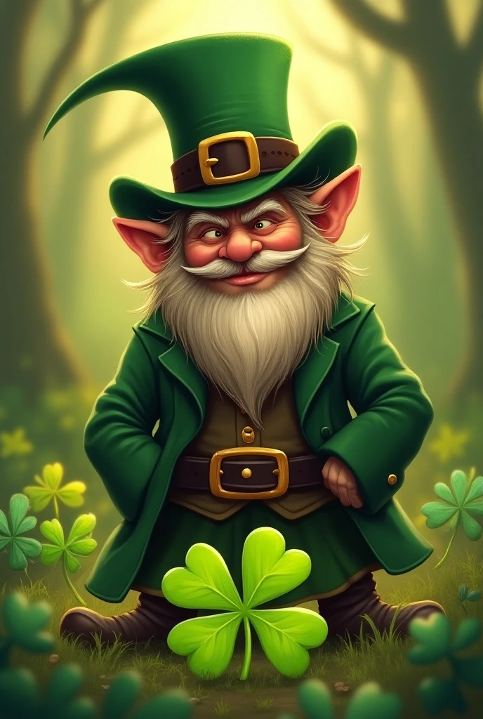 Leprechaun with a hat and smoking next to a clover