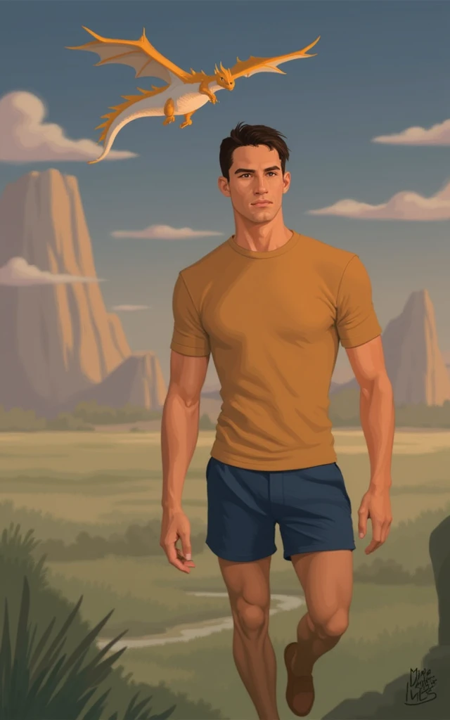 illustration that evoke stoicism men from 25 years old, shirtless, barefoot, strong, slim body Importance of Reason Style: Scientific realism, with a focus on detail and precision. Color palette: Cool, neutral tones (navy blue, gray, white) to convey clarity and objectivity. Expression: A concentrated and determined gaze, brow slightly furrowed in thought. Setting: A young strong handsomen cinnamon sking, standing next to  an orange land rover car background you can see intense yellow mansion pastoral scene, river, garden, golden hour, wide open shot
