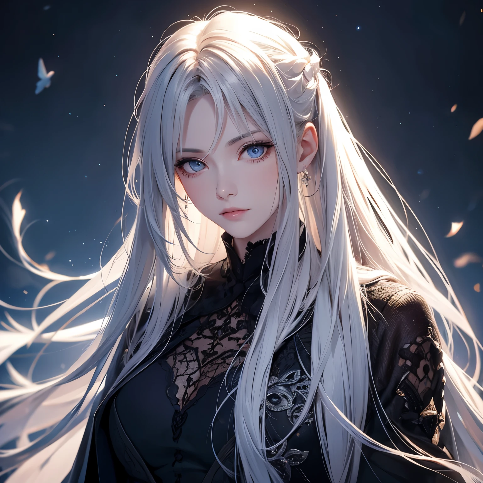 masterpiece,  highest quality , ( alone focus), (Perfect face:1.1), (high detail:1.1), ( extremely detailed eyes ), dramatic, A pale skin, gray haired man with long, fluffy hair, White eyes,  alone, Long hair, 【Sephiroth , moon, night, White luxury suit, Navel, Pout, fur, Arrogant expression, Rose园, Detailed background, artgerm,  movie lighting, Rose, Fashion, Balenciaga style