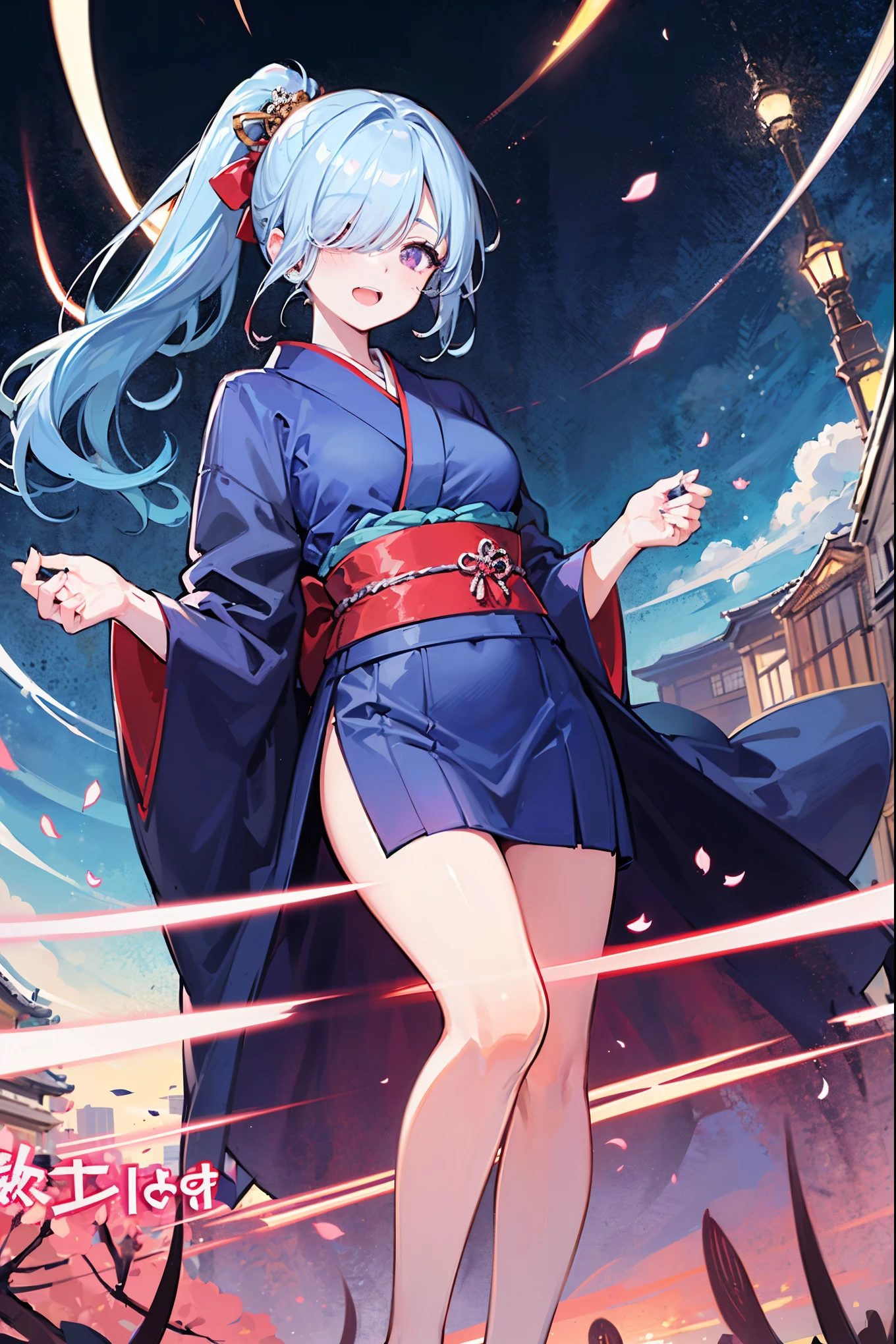 photoshot, work of art, best qualityer, wall-paper, 1 girl, shorth hair, sky blue hair, sky blue eyes, hair accessories, kimono,