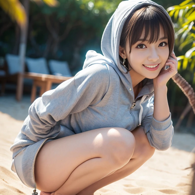 Knee-high high-heeled boots、Micro Mini Skirt、Pull-zip hoodie、One 1 woman、Short Bob Hair、Medium 、A shy smile、masterpiece:1.3、Raw photo quality、Highest quality、Detailed Images、Detailed Background、Standing on the pier at night、White pantiepanty:1.3))、