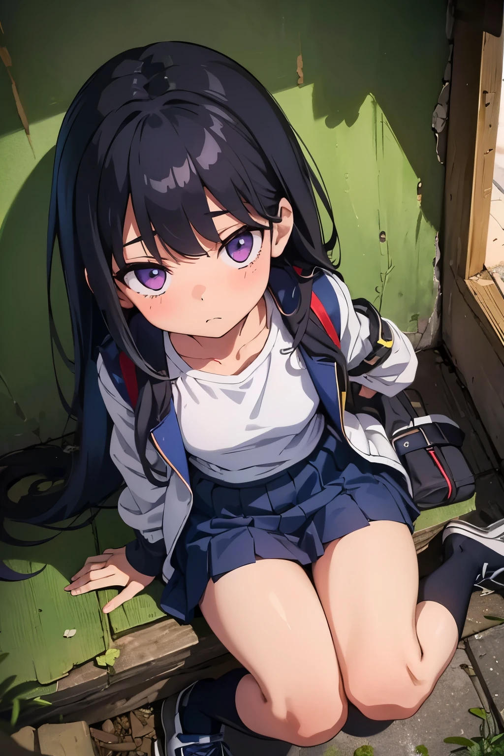 Elementary school student, , toddler, flat chest 　Thin limbs　Black hair, long hair, purple eyes　（（One person）） Upper body stadium jacket　 rucksack 　Navy blue denim mini skirt　white s panties 　White socks　sneakers　ruins　Lying on the floor　 Lower body center 　Close-up of white panties　 dynamic angle　Low angle