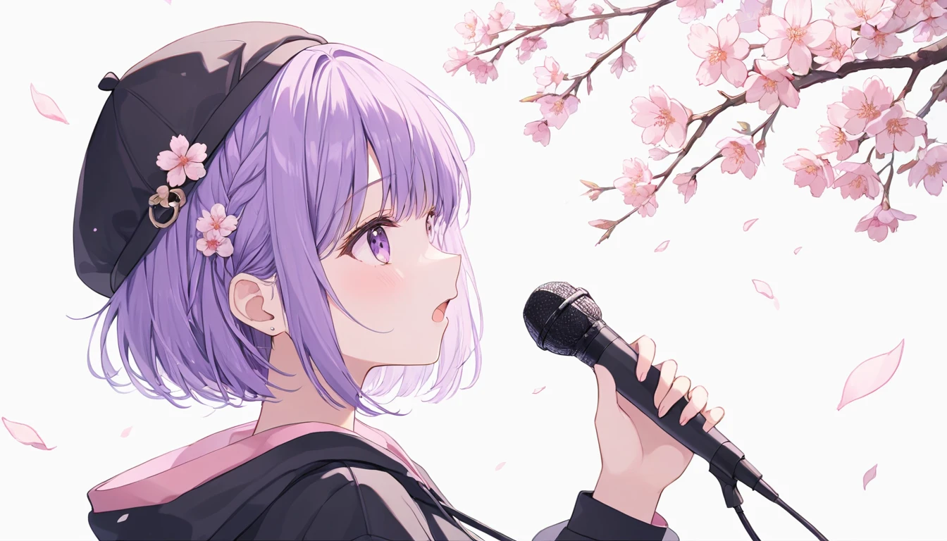 ((pastel))、One woman,Angle from the side,profile,Sing with a microphone,Open your mouth,Mauve Hair,Short Bob,Inward-curling hair, braid,Purple Eyes, wearing a black hoodie , is wearing a cap,There is a cherry blossom mark, simple background,White background