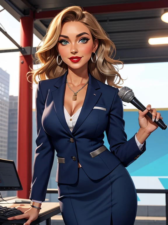 (masterpiece:1.2), best quality, high resolution, BREAK alluring 36-years-old woman, standing at approximately 5'1" tall, ((slim, petite)), ((Hourglass figure)), medium breasts, tan olive skin, wavy blonde hair, green eyes, eyeshadow, mascara, red lipstick, BREAK ((Wearing a dark blue business suit with a dark blue pencil skirt and silver earrings)) BREAK She's a sports anchorwoman, she's holding a microphone, she's looking at the camera with a charming smile BREAK outdoors, Football stadium
