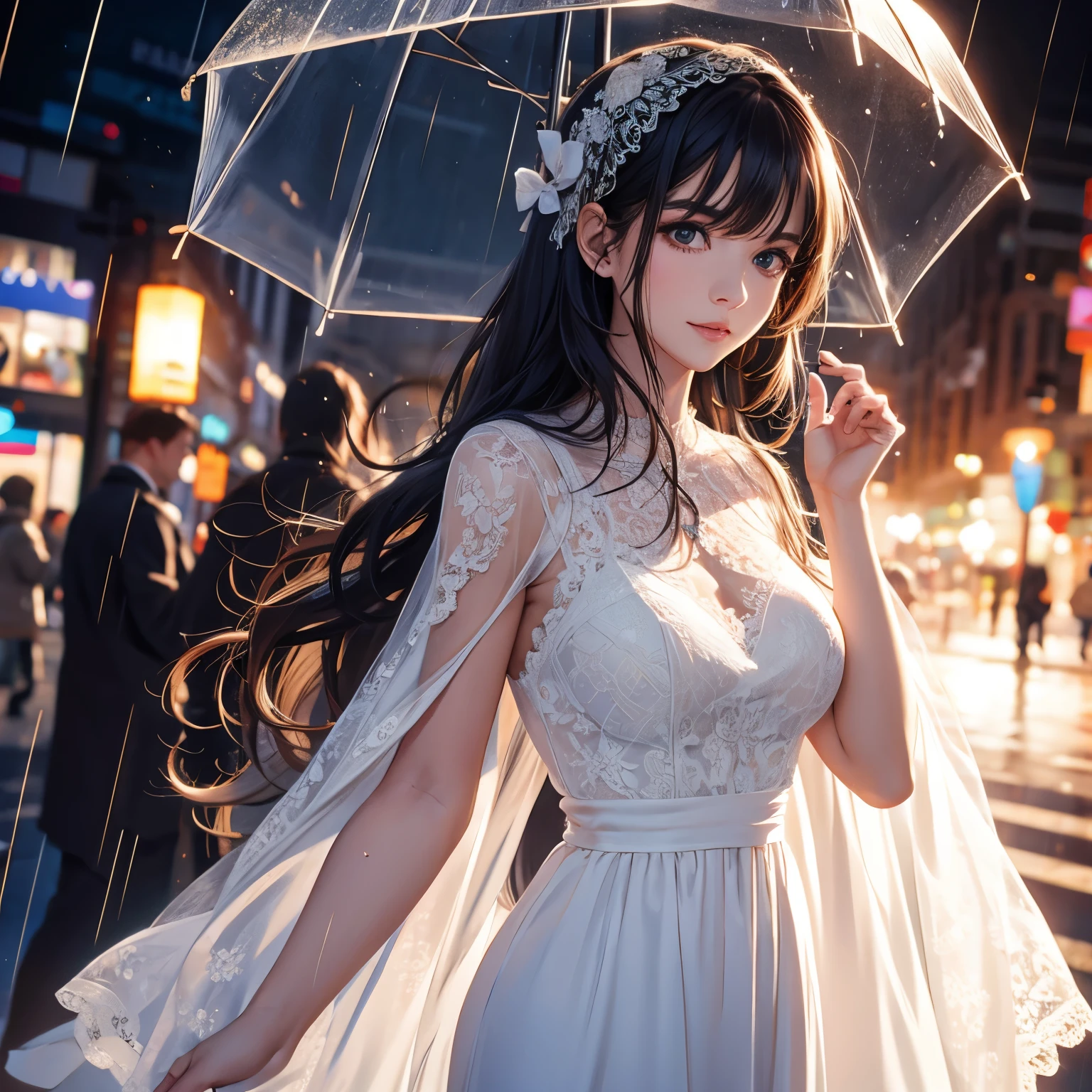 (( is the best quality, 8K, Lace Maxi Dress, Standing in the rain,   , Highly detailed face and skin texture, Detailed eyes, Double eyelids.)