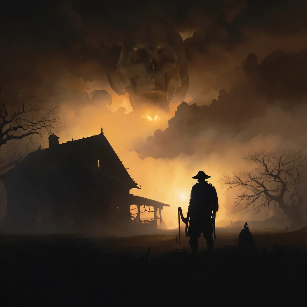  A silhouette of a monster massacring poor farmers to defend their home,  bad day sky the sun shining through the clouds ,  natural light illuminating the perfect traces of the scene ,  intricate matte paint for a movie poster , aligned with the golden ratio , creating a sinister atmosphere, but epic, obras de arte em alta no CGSociety e ArtStation, inspired by Artgerm, h.r. Giger, e Beksinski, vibrant colors, ,  cinematic rendering of character  ,  very high quality model , 8k resolution, masterpiece of intricate art,war scenario.