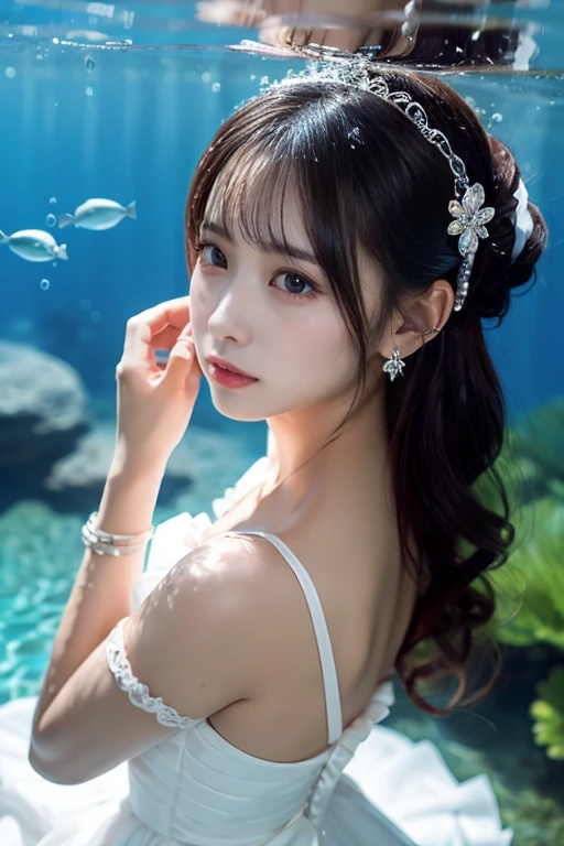 underwater scene, diving into the sea, the sea surface is sparkling, the sunlight is shining into the sea, wearing Japanese mythological goddess-like kimono, wearing light-white something like cosplay outfit, hair ornaments made from corals and shells, breastplate is made from shells-likes, chest area is alightly exposed, impossible fantasy scene, holding a rod, detailed face, long black hair, wearing gorgeous hair ornament, hair is shaggy and dishevelled, beautiful white-colored translucent skin, slendar figure, skiny chest, the veins on the chest are faintly visible, no-makeup, small nose, smooth shaped jawline, glossy face, flushed cheeks, detailed eyes, goddess-like smile, detailed lips, beautiful long eyelashes, photorealistic, close-up shoot, highly detailed, 8k, best quality, masterpiece, vibrant colors, dramatic lighting, cinematic composition, digital art