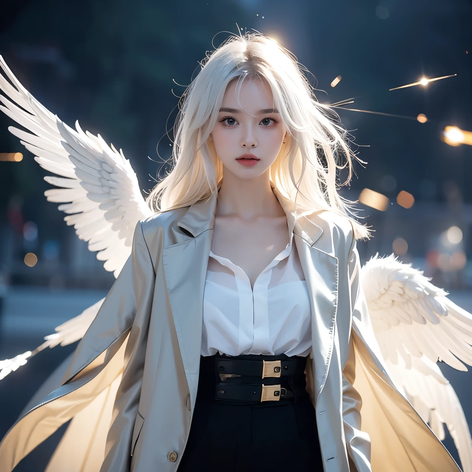 (masterpiece,  is the best quality:1.3), ( super detailed :1.3), 1 Girl,  alone, (White hair,  messy hair , Long hair), (Angel Wings, Angel Halo), Flat chest, Yellow eyes, ( white shirt, Black tie,  Black Jacket, Open coat), Cowboy shooting,  movie lighting, (((Glowing light particles))), (Back Hand), Dynamic Angle,whole body