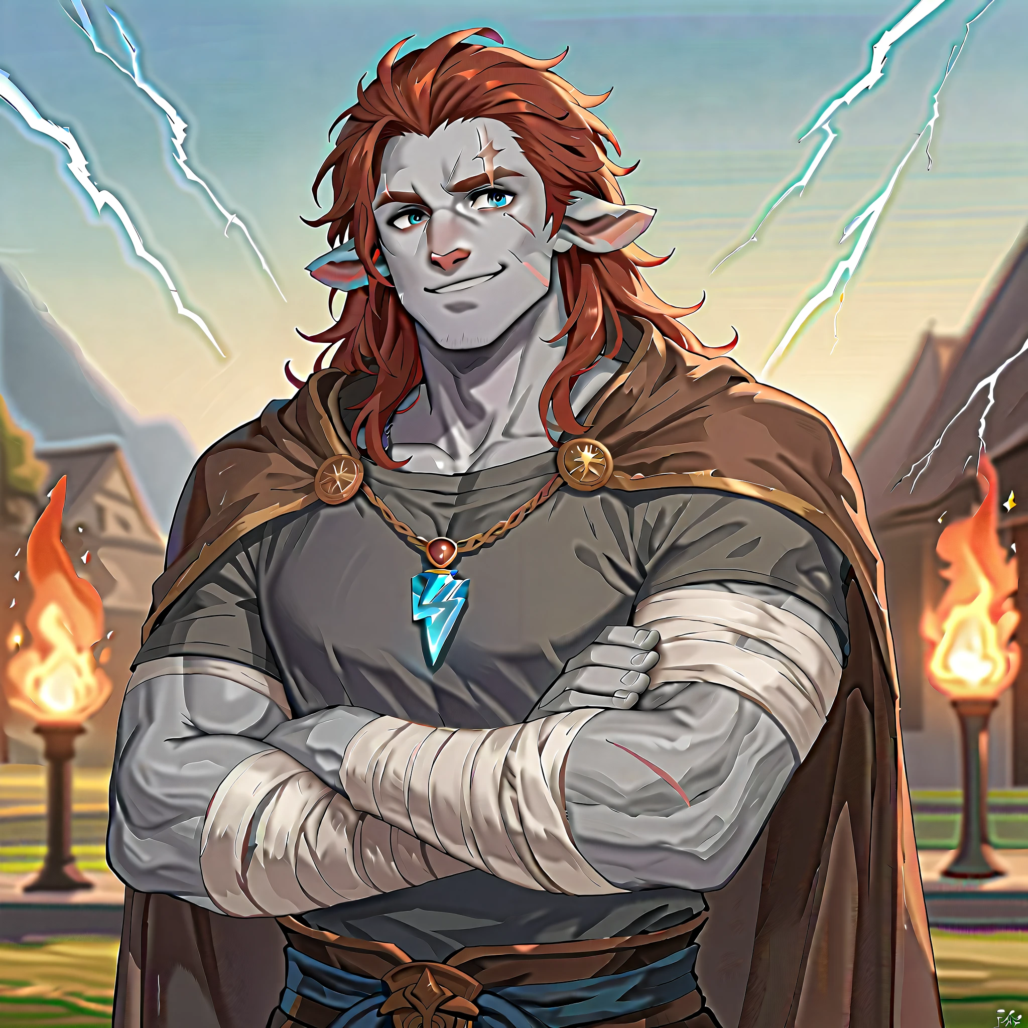 (((beautiful, high quality))), score_9, score_8_up, score_7_up, Firbolg, furry, big nose, big nose, animal ears, 1boy, male focus, grey skin, brown/red long hair, iceblue eyes, handsome face, (grey shirt), brown Cape, scar in his face, silver necklace with a blue gem, underarm and hands and fingers wrapped in bandages, smiling, fire and lightning around his fists, fantasy background, blurred background, 