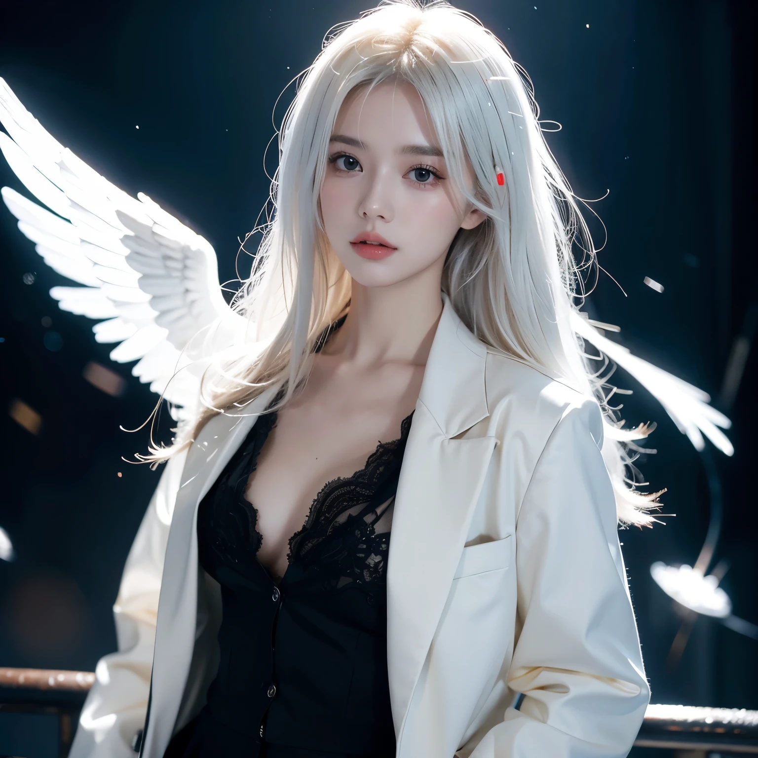 (masterpiece,  is the best quality:1.3), ( super detailed :1.3), 1 Girl,  alone, (White hair,  messy hair , Long hair), (Angel Wings, Angel Halo), Flat chest, Yellow eyes, ( white shirt, Black tie,  Black Jacket, Open coat), Cowboy shooting,  movie lighting, (((Glowing light particles))), (Back Hand), Dynamic Angle,whole body