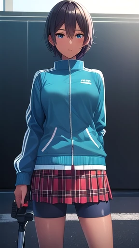 (masterpiece),(best quality),(best resolution),(ultra detailed),(game cg),akira toume,1 girl,solo,tomboy,(dark skin),short hair,(light blue track jacket),red plaid pleated skirt,bike shorts,