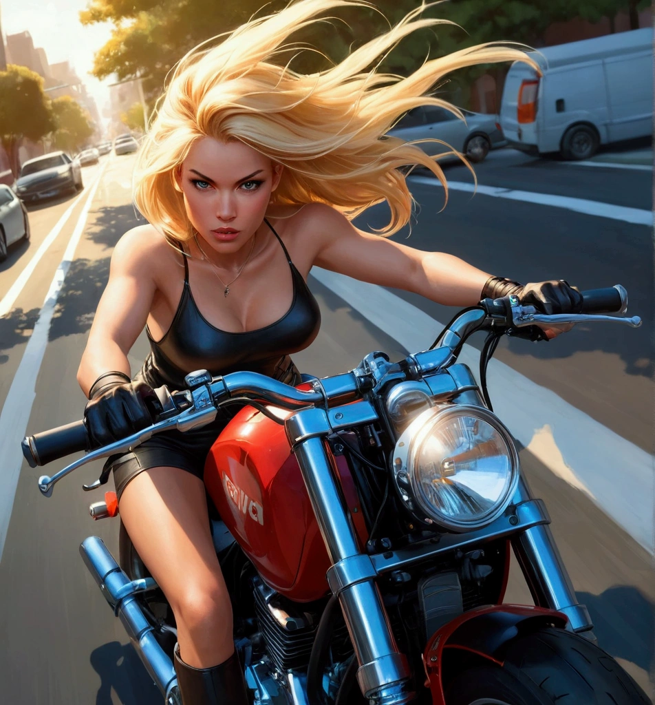 blond woman riding a motorcycle on a city street with cars, riding a motorcycle, motorcycle concept art, artgerm greg rutkowski _ greg, james gurney painting style, motorcycle, epic digital art illustration, chris moore. artgerm, style ivan talavera and artgerm, style of gta v artworks, style artgerm, by Eddie Mendoza