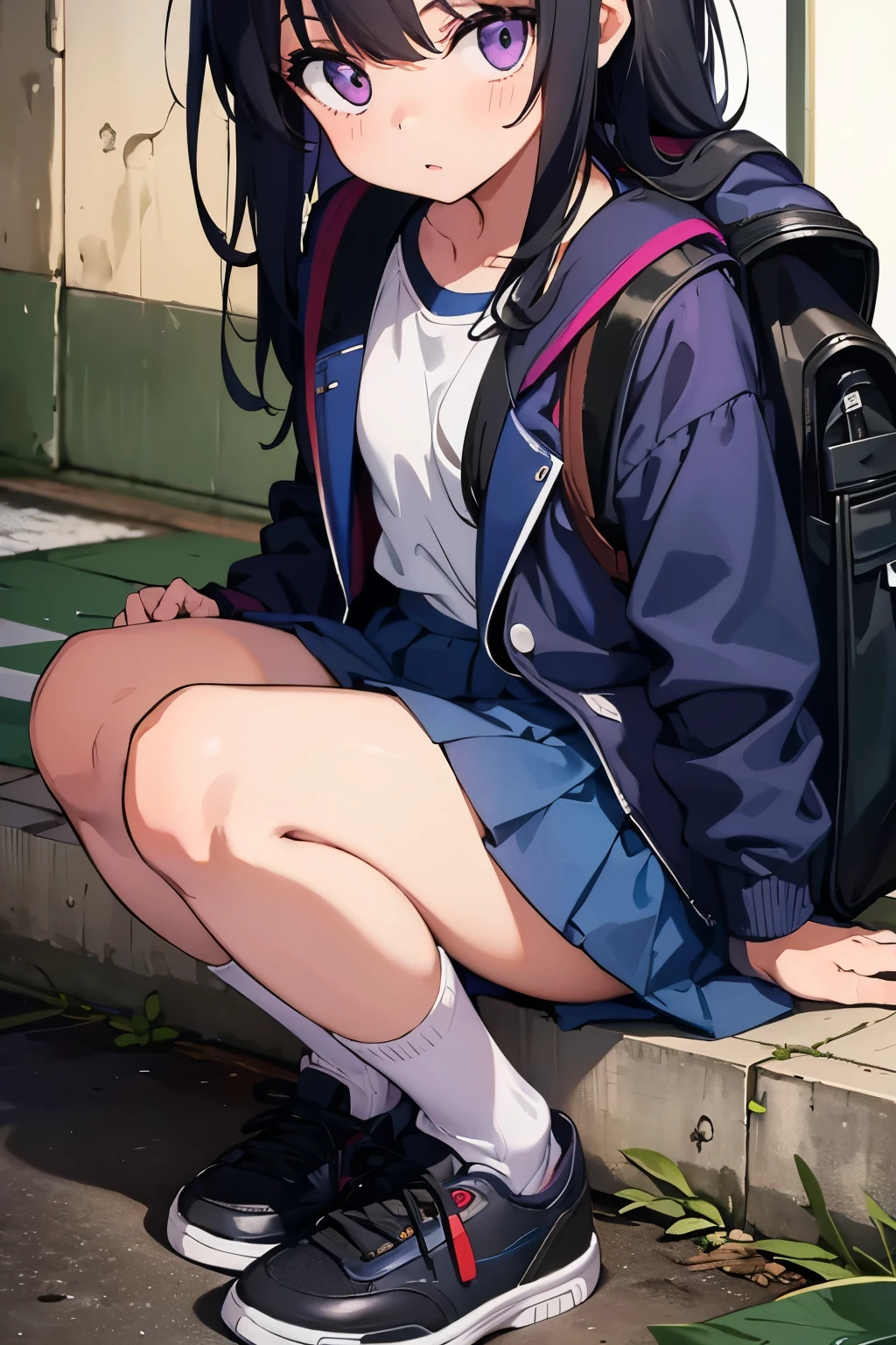 Elementary school student, , toddler, flat chest 　Thin limbs　Black hair, long hair, purple eyes　（（One person）） Upper body stadium jacket　 rucksack 　Navy blue denim mini skirt　white s panties 　White socks　sneakers　ruins　Lying on the floor　 Lower body center 　Close-up of white panties　 dynamic angle