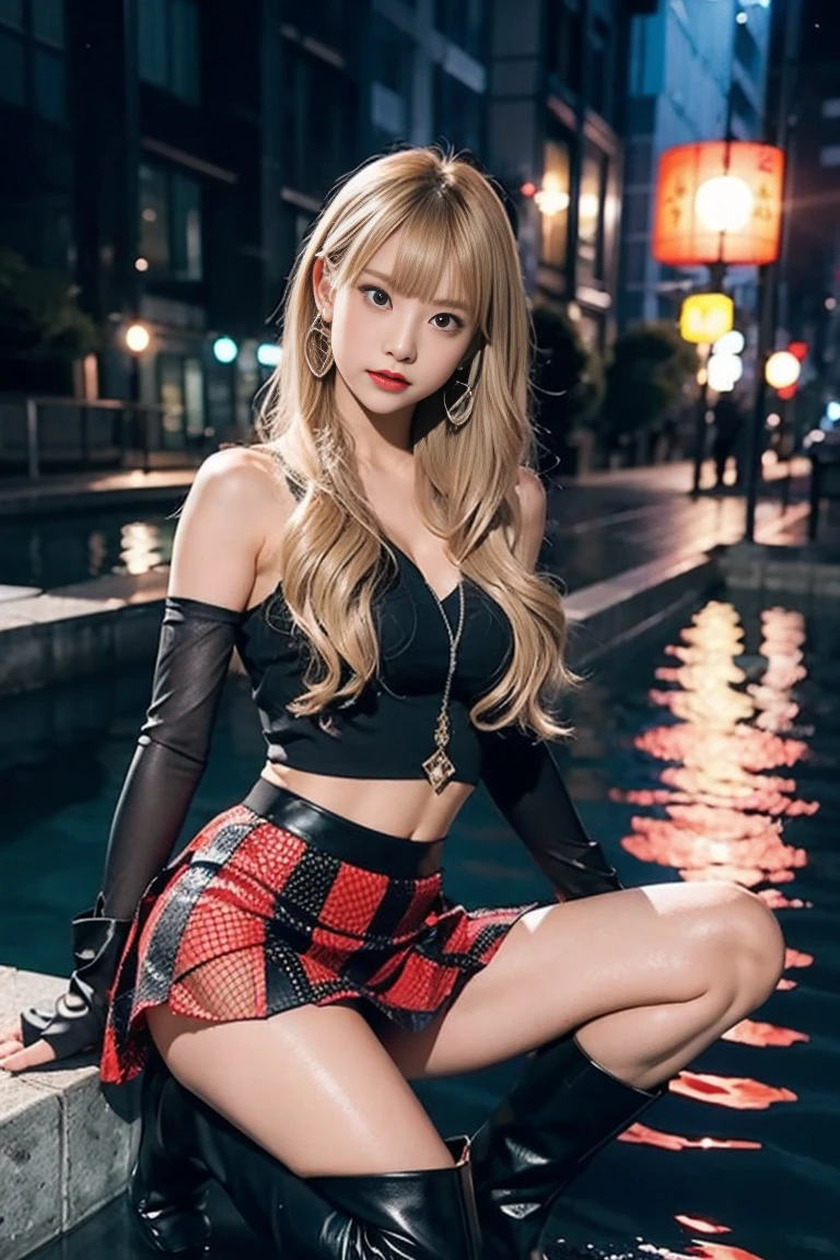 1 chica, (ojos azules), (Sonrisa), (Sana Minatozaki), (Caderas anchas), tetas grandes, (gran culo), (Mejor calidad, 8k, obra maestra: 1.3), manos perfectas, Enfoque claro: 1.2, Belleza del cuerpo perfecto: 1.4, ABS fuertes: 1.2, Textura de cara y piel muy detallada., ojos detallados, double eyelids, maquillaje negro, labios rojos, (pelo rubio :1.2), (blusa negra bordada), (Minifalda plisada negra), (collar), (pulsera), sentado en un bar por la noche, Ciudad nocturna en el fondo, Light signals