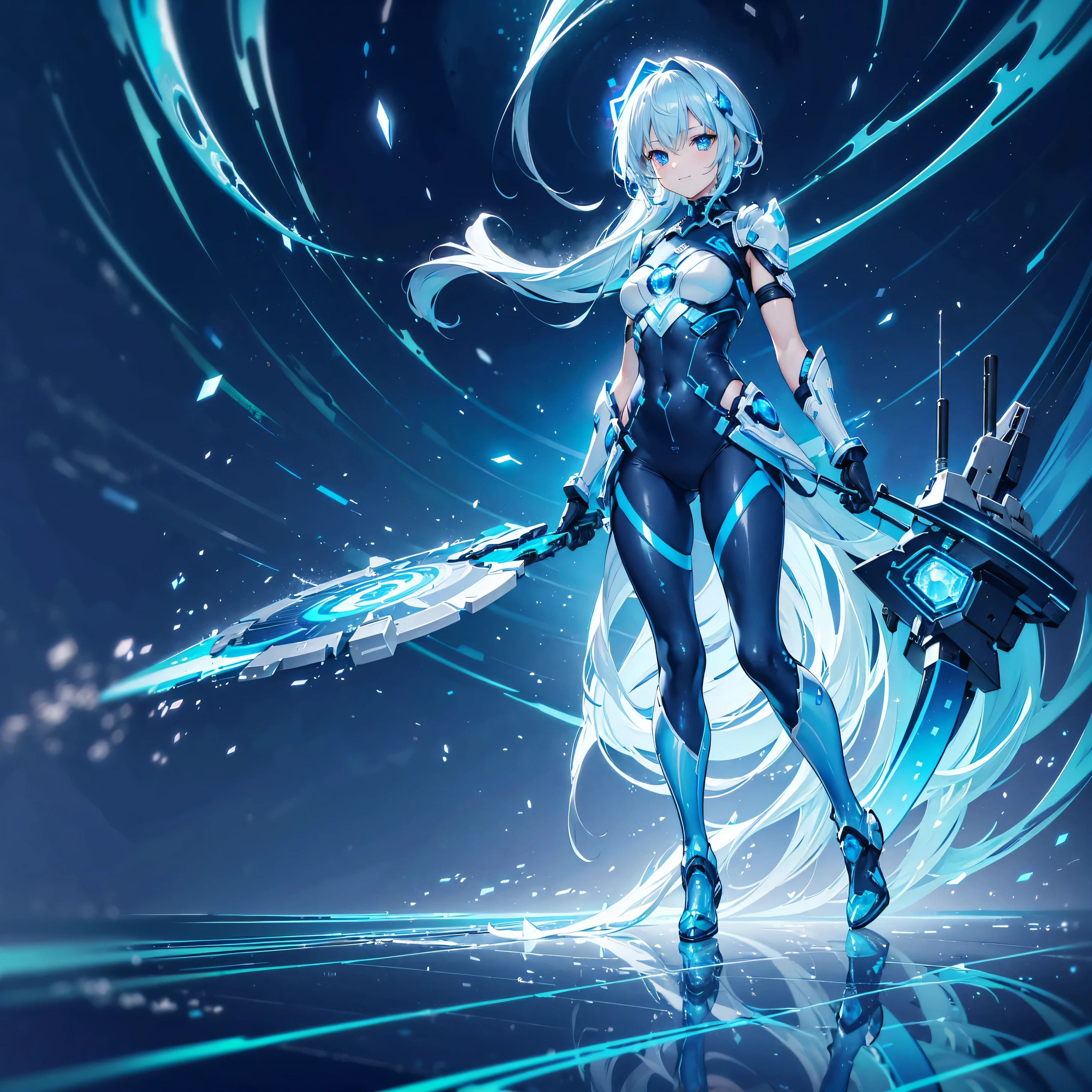 ((Holographic glow effect)),8k, Highest quality, (real:1.4), Original photo, 1 girl, Asari Hair, Biological Amplifier, refined armor, posture: Peace talks between warring factions, smart blue eyes,whole body,Vortex of Light,Band of Light,Wind of Light