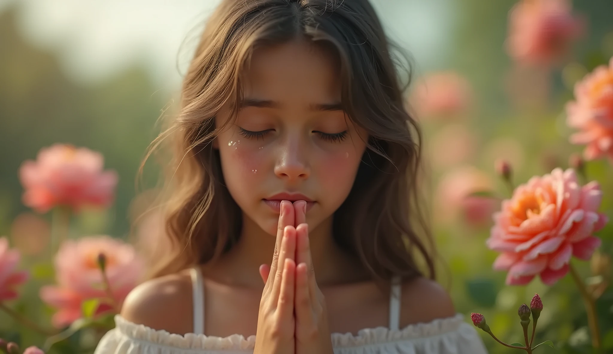 a realistic photograph in 8k, depicting a five-year-old child. The child is chubby, with fair skin, long straight blonde hair that has curls at the ends. They are seated in a wooded forest filled with flowers, in a contemplative pose, facing away from the camera and looking up at the sky, engaged in a conversation with God. The scene is captured with stunning detail, showcasing the child's innocence and connection with the divine. The photograph highlights the child's features, emphasizing their chubby cheeks and bright eyes. The environment is lush and vibrant, with an abundance of trees and colorful flowers surrounding the child. The lighting creates a serene atmosphere, with soft rays of sunlight filtering through the leaves and casting gentle shadows. The image captures a profound moment of introspection and spirituality, as the child engages in a heartfelt dialogue with the divine. The final photograph is presented in 8k resolution, capturing the intricate details of the child's expression and the natural beauty of the forest setting. --auto --s2