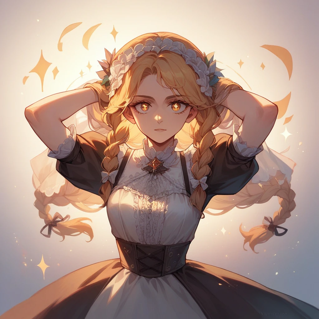 Superb masterpiece, upper body, (adult: 1.6) Hungarian woman, (giggle: 0.4), arms behind the head, golden braids, sparkling eyes, Victorian sun dress, floating light particles, centered, added facial detail