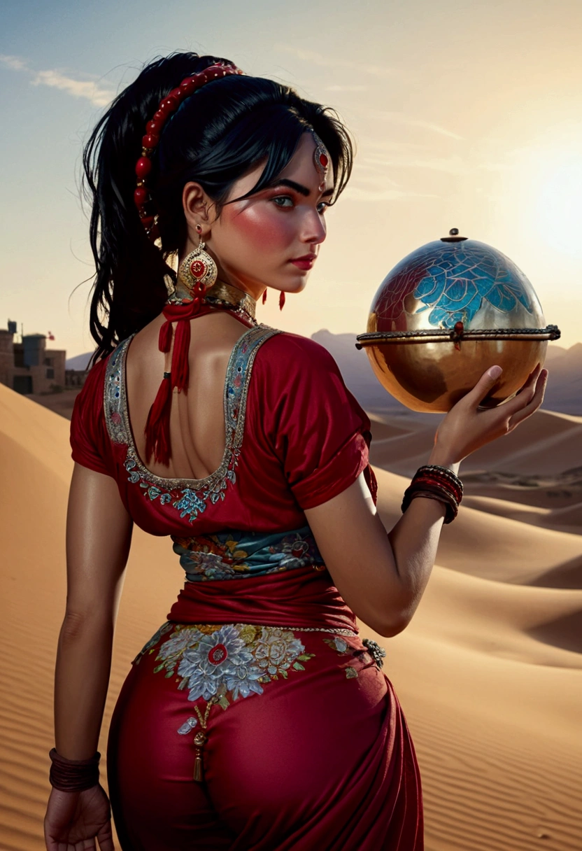 Alafi woman in traditional costume holding a small drum in the desert, a young woman in shamanic costume, a girl holding a sphere, the scenery of the film Silk Road, beautiful youth, portrait shot, ancient princess Lieb, the vanishing line of the desert is below the woman's waist, the sky is clear and transparent.  