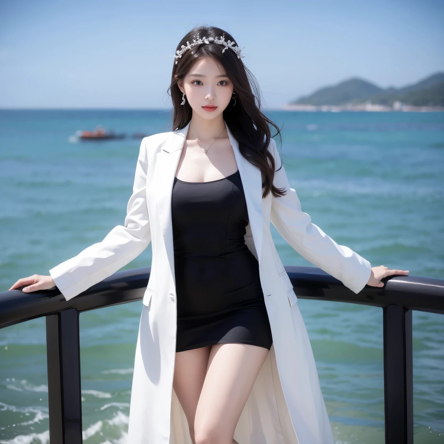 Beautiful face， with a plump figure ， long legs，Thickened black pantyhose，Exquisite dress，white shirt，Open black coat，beautiful hair accessories，The sea breeze blows by the sea