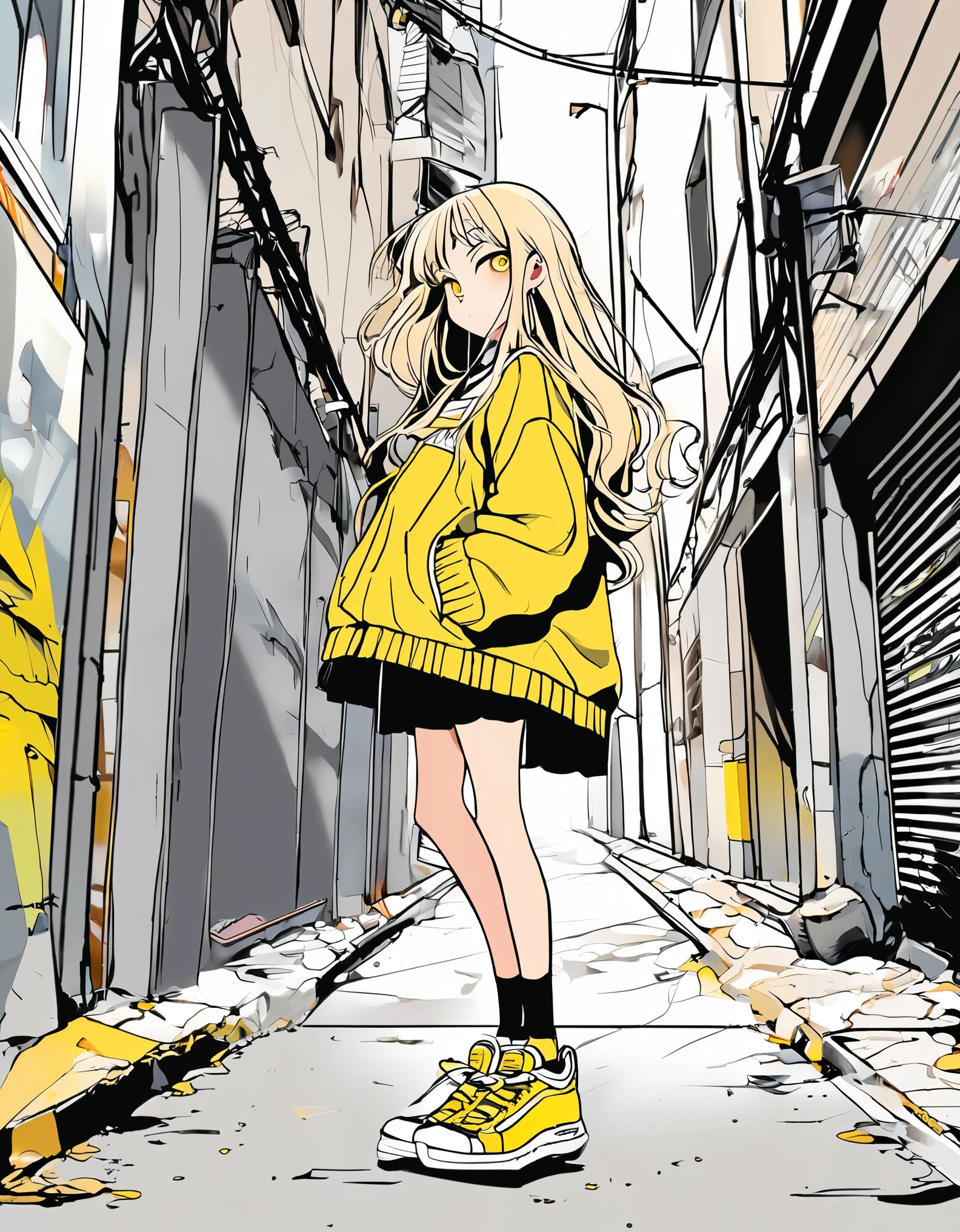 Score_9,Score_8,score_7_up,source_anime, rating_questionable, back alley, stylish pose, ceiling, from side, squatting, sneakers focus,
((thick outline)), thick outline, black outline, ((sexy girl, gyaru)), bimbo, cute, pale skin, gyaru clothes, white shirt, street style, pleated skirt, sneakers, single V,
glamorous, blushing, flushed face, yellow eyes, two side up blonde hair, tan lines, 