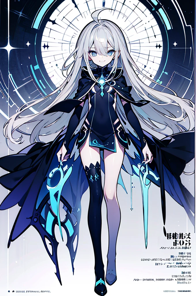 (full body),(( best quality, masterpiece, Esoteric,  super resolution)), One Girl, Alone, Girl，Pale skin, Ahoge, Gray Hair, Abnormally long hair, blue eyes,  Hair between the eyes ,   flat chest, spooky, dark, cemetery, Blue Mist,  Black Dress, armor,  fantasy,  viewers, armor chetsplate, spectrum, Blue Energy, Blue aura,  black energy, evil, evil役,  movie poster , evil smile, evil grin,  V Shaped Eyebrow , Crazy,  bodysuit, Thigh-high socks，Futuristic, Shine, , destruction, Black Cape, 
