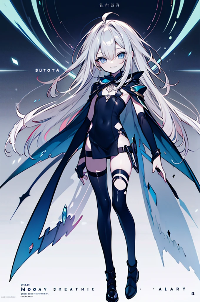 (full body),(( best quality, masterpiece, Esoteric,  super resolution)), One Girl, Alone, Girl，Pale skin, Ahoge, Gray Hair, Abnormally long hair, blue eyes,  Hair between the eyes ,   flat chest, spooky, dark, cemetery, Blue Mist,  Black Dress, armor,  fantasy,  viewers, armor chetsplate, spectrum, Blue Energy, Blue aura,  black energy, evil, evil役,  movie poster , evil smile, evil grin,  V Shaped Eyebrow , Crazy,  bodysuit, Thigh-high socks，Futuristic, Shine, , destruction, Black Cape, 
