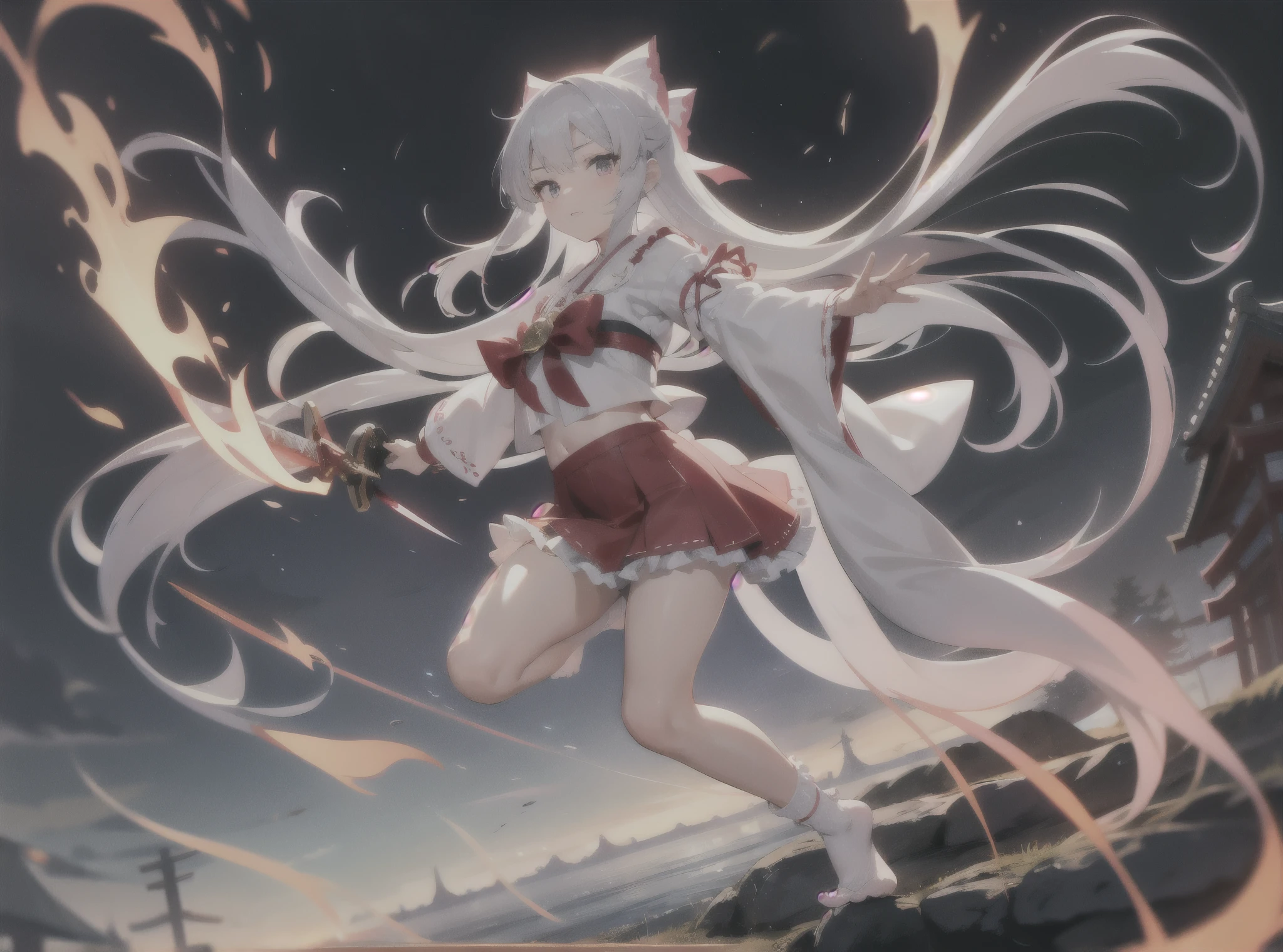 Miko dressed ,goat horn, white hair, Long hair,full body