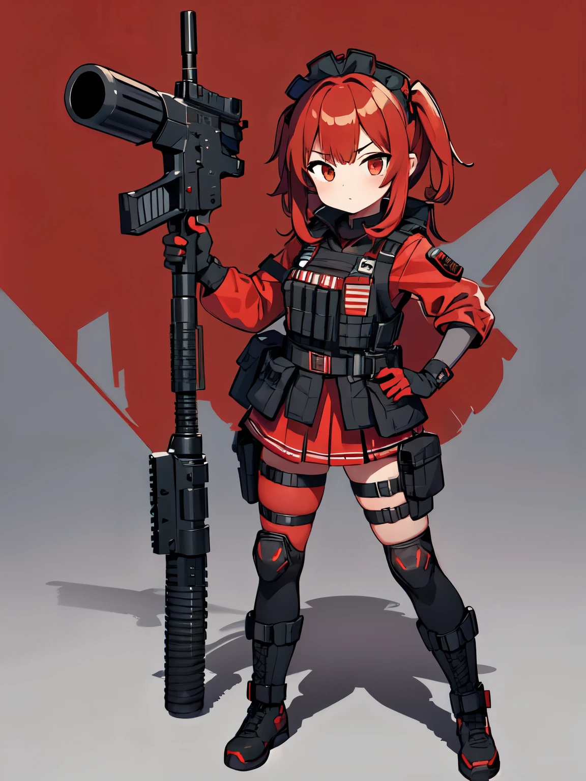 ((red camouflage)), ((1girl)), black ops, tactical maid, tactical clothes red camouflage, (tactical) black light vest, black tactical light equipment, Tactical boots, tactical straps, black tactical fingerless gloves, black tactical harness, maid battle, black tactical thigh belt, anime maid, black tactical joint protections, black Knee Pads and Elbow Pads Tactical Protection, full body, athletic body, black military straps, red camouflage uniform, red camouflage maid clothes, maid red camouflage dress, red command, black accesories, masterpiece, best quality, e-girl make up, girl full atletic body, red hair, elegant hairstyle, with red military camouflage pants, tomboy attitude, combat pose, standing pose, communications diadem, mesh flannel red military jacket shooting, military goggles over the hellmet, sophisticated attitude, intintimidating, tactical straps, exposed abs, machinegun,