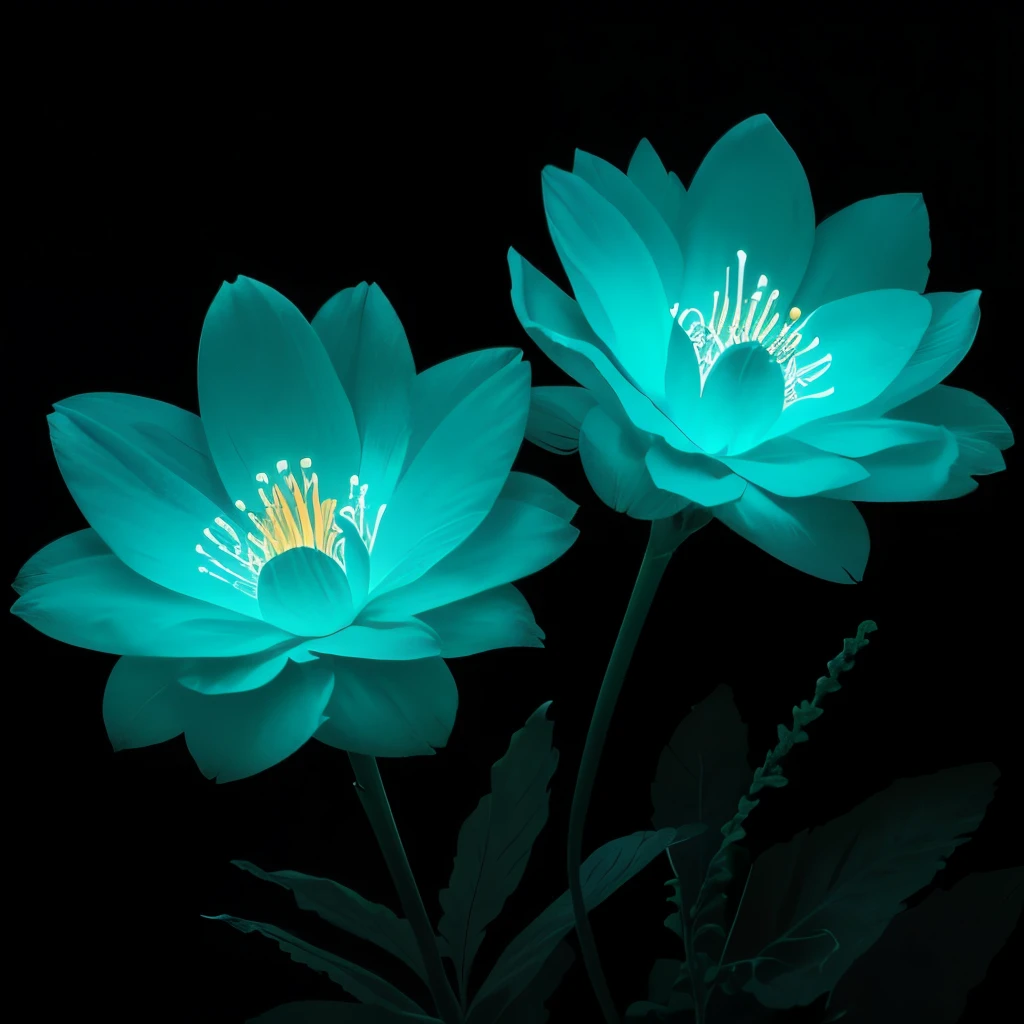 blue flowers in a black background with a black background, glowing flowers, glowing blue, glowing neon flowers, blue bioluminescence, [ bioluminescent colors ]!!, luminous flowers, bioluminescent skin!, bioluminescent plants, neon flowers, neon color bioluminescence, glowing hue of teal, blue glow