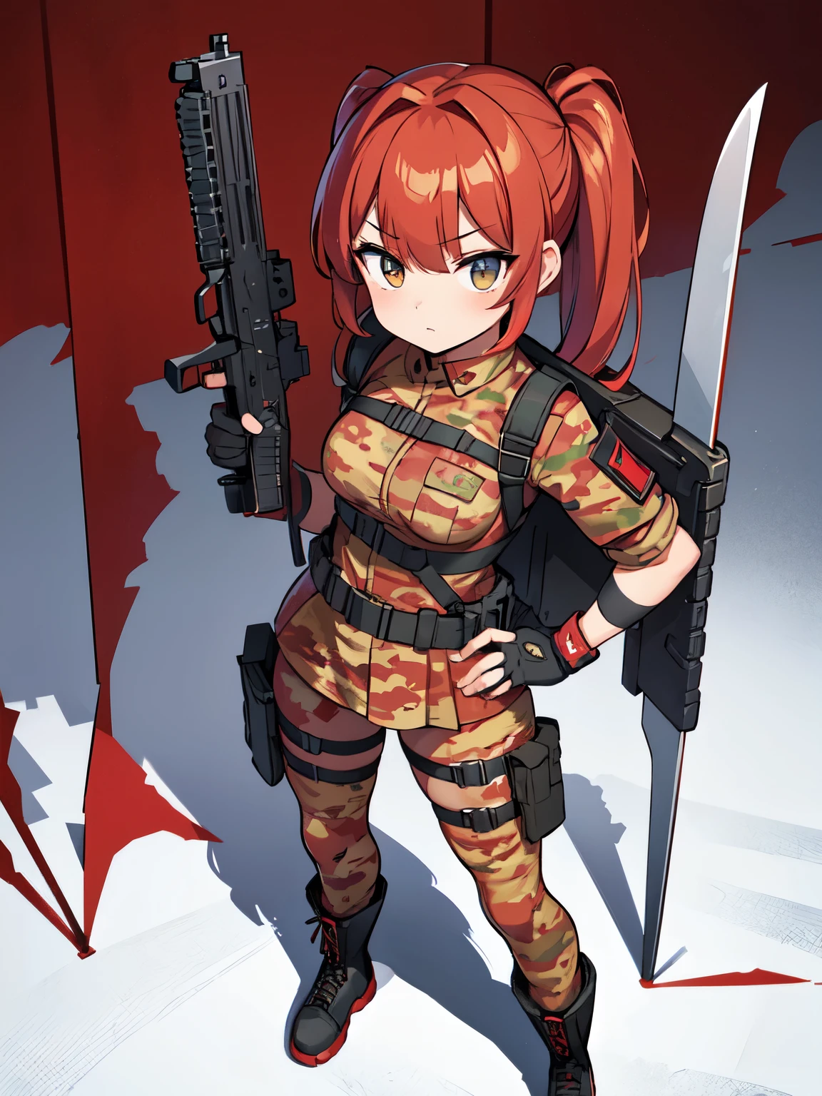 ((red camouflage)), ((1girl)), tactical maid, tactical clothes red camouflage, (tactical) light vest, tactical light equipment, Tactical boots, tactical straps, tactical knife, tactical fingerless gloves, tactical harness, maid battle, tactical thigh belt, anime maid, tactical joint protections, Knee Pads and Elbow Pads Tactical Protection, full body, athletic body, military straps, red camouflage uniform, red camouflage maid clothes, maid red camouflage dress, red command, masterpiece, best quality, e-girl make up, girl full atletic body, red hair, elegant hairstyle, with red military camouflage pants, tomboy attitude, combat pose, standing pose, communications diadem, mesh flannel without red military jacket shooting, military goggles over the hellmet, sophisticated attitude, intintimidating, tactical straps, exposed abs, machinegun,