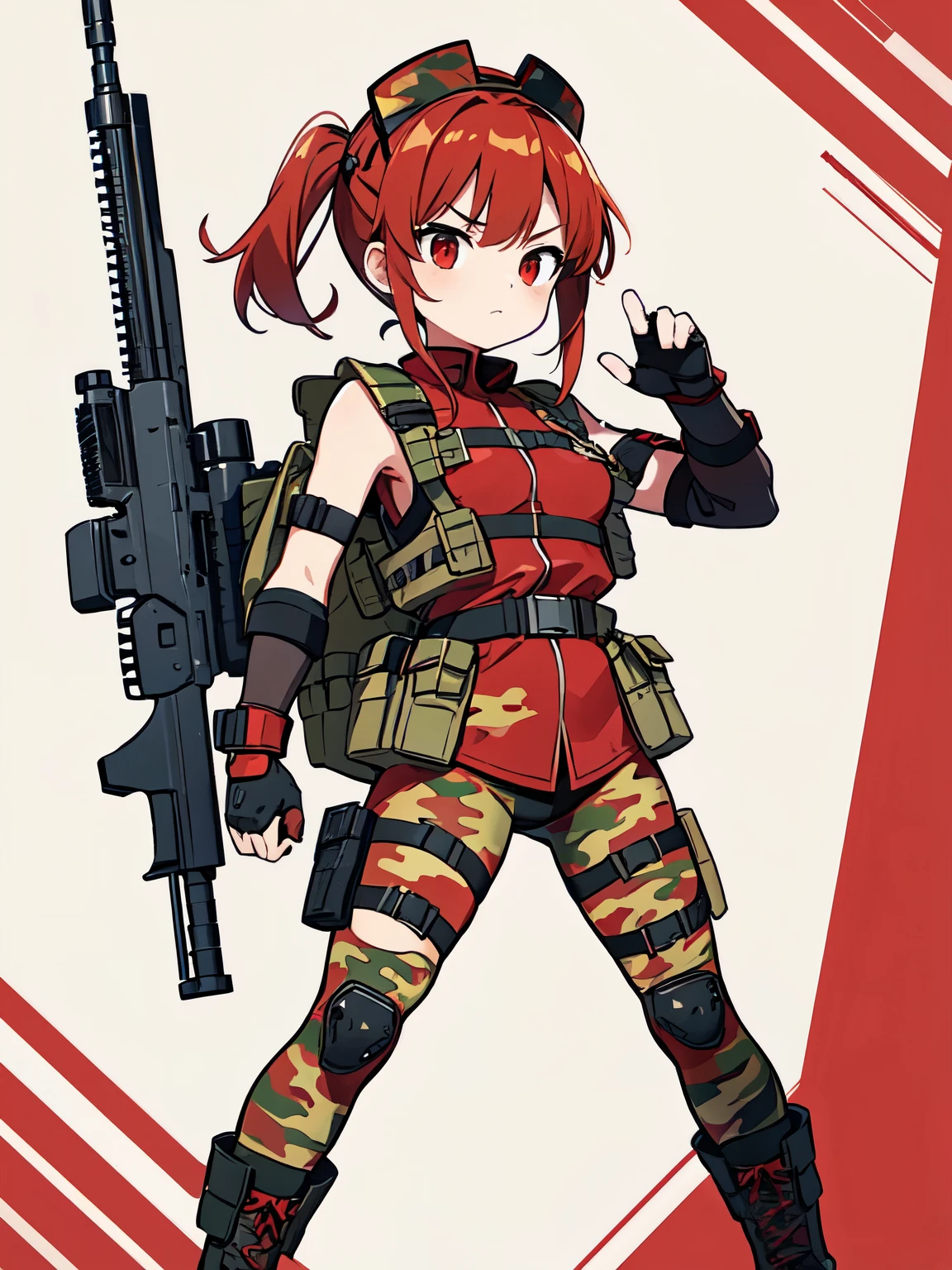 ((red camouflage)), ((1girl)), tactical maid, tactical clothes red camouflage, (tactical) light vest, tactical light equipment, Tactical boots, tactical straps, tactical knife, tactical fingerless gloves, tactical harness, maid battle, tactical thigh belt, anime maid, tactical joint protections, Knee Pads and Elbow Pads Tactical Protection, full body, athletic body, military straps, red camouflage uniform, red camouflage maid clothes, maid red camouflage dress, red command, masterpiece, best quality, e-girl make up, girl full atletic body, red hair, elegant hairstyle, with red military camouflage pants, tomboy attitude, combat pose, standing pose, communications diadem, mesh flannel without red military jacket shooting, military goggles over the hellmet, sophisticated attitude, intintimidating, tactical straps, exposed abs, machinegun,