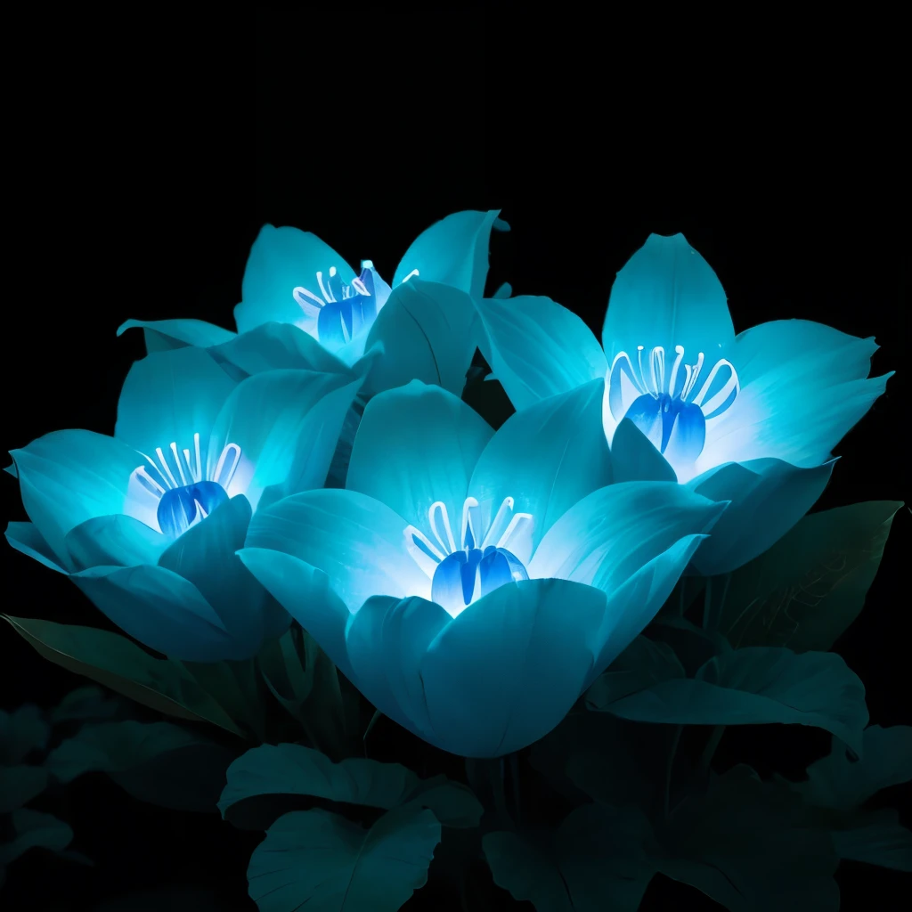 blue flowers in a black background with a black background, glowing flowers, glowing blue, glowing neon flowers, blue bioluminescence, [ bioluminescent colors ]!!, luminous flowers, bioluminescent skin!, bioluminescent plants, neon flowers, neon color bioluminescence, glowing hue of teal, blue glow